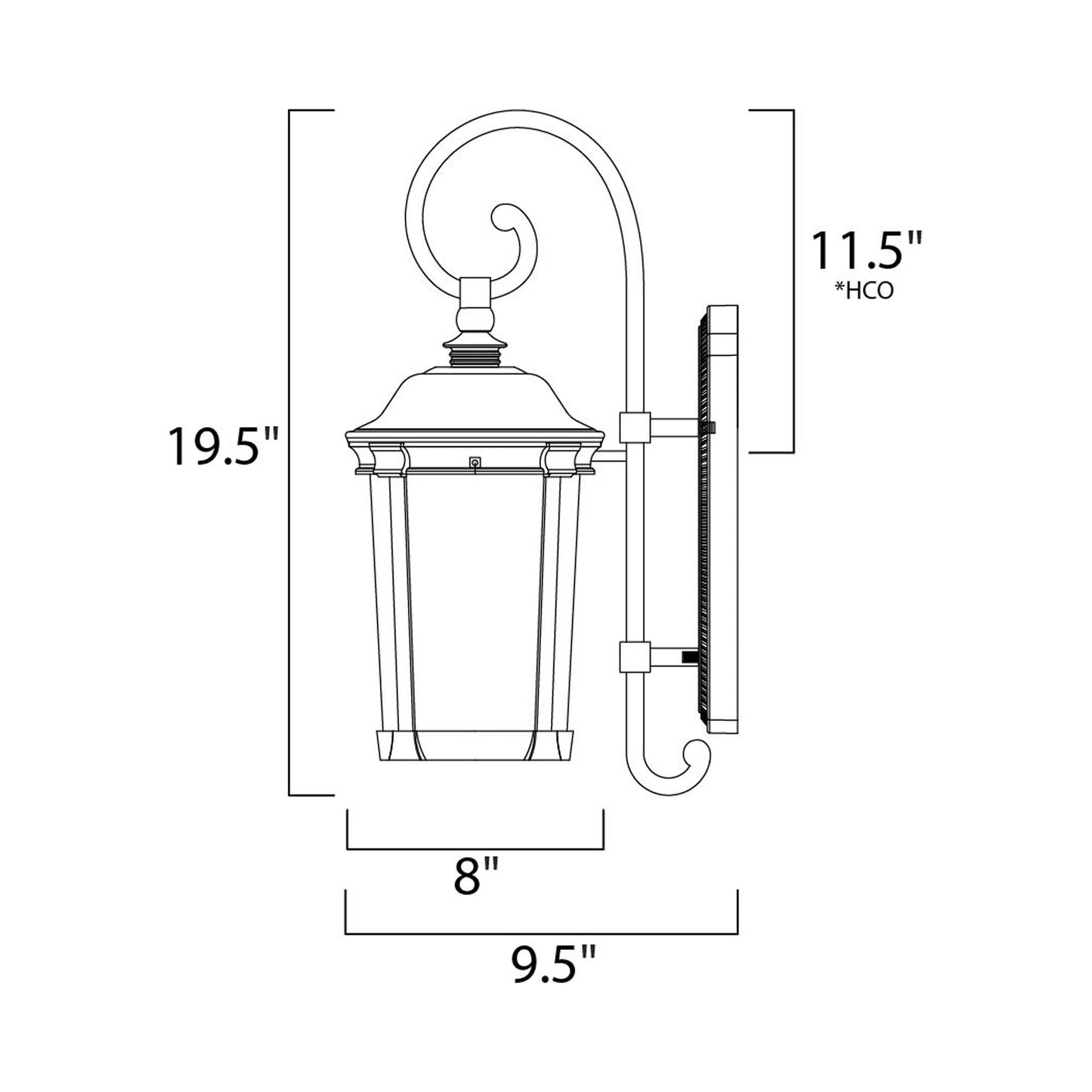 Dover Outdoor Lantern Wall Light - line drawing.