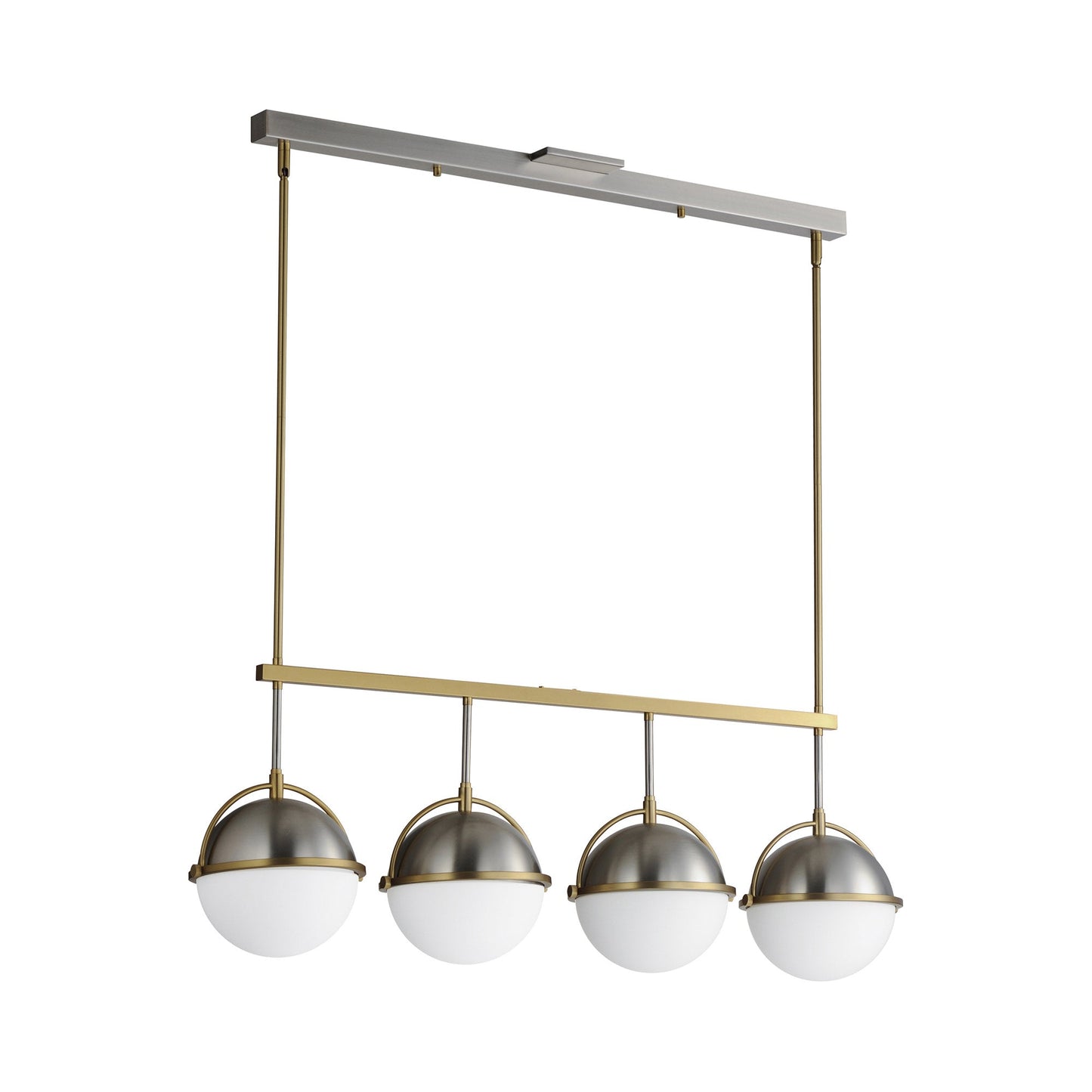 Duke Linear Pendant Light in Satin Nickel/Satin Brass.