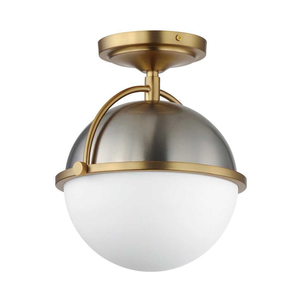 Duke Semi Flush Mount Ceiling Light in Satin Nickel/Satin Brass.