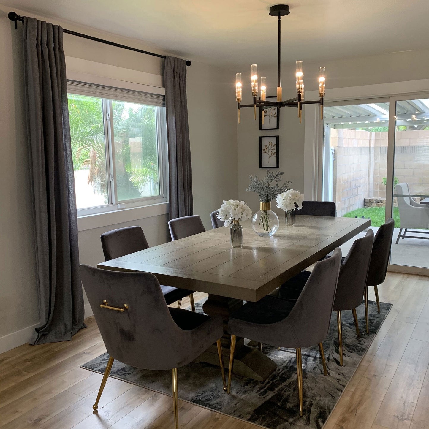 Flambeau LED Chandelier in dining room.