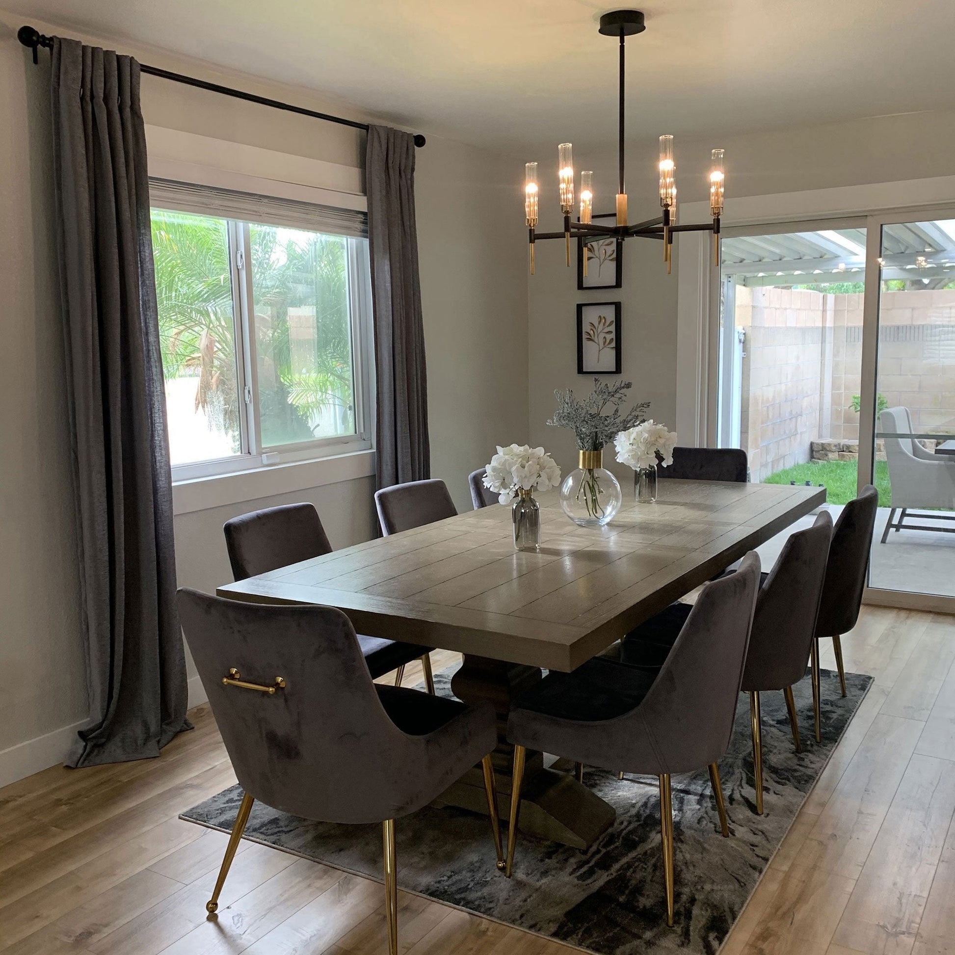Flambeau LED Chandelier in dining room.