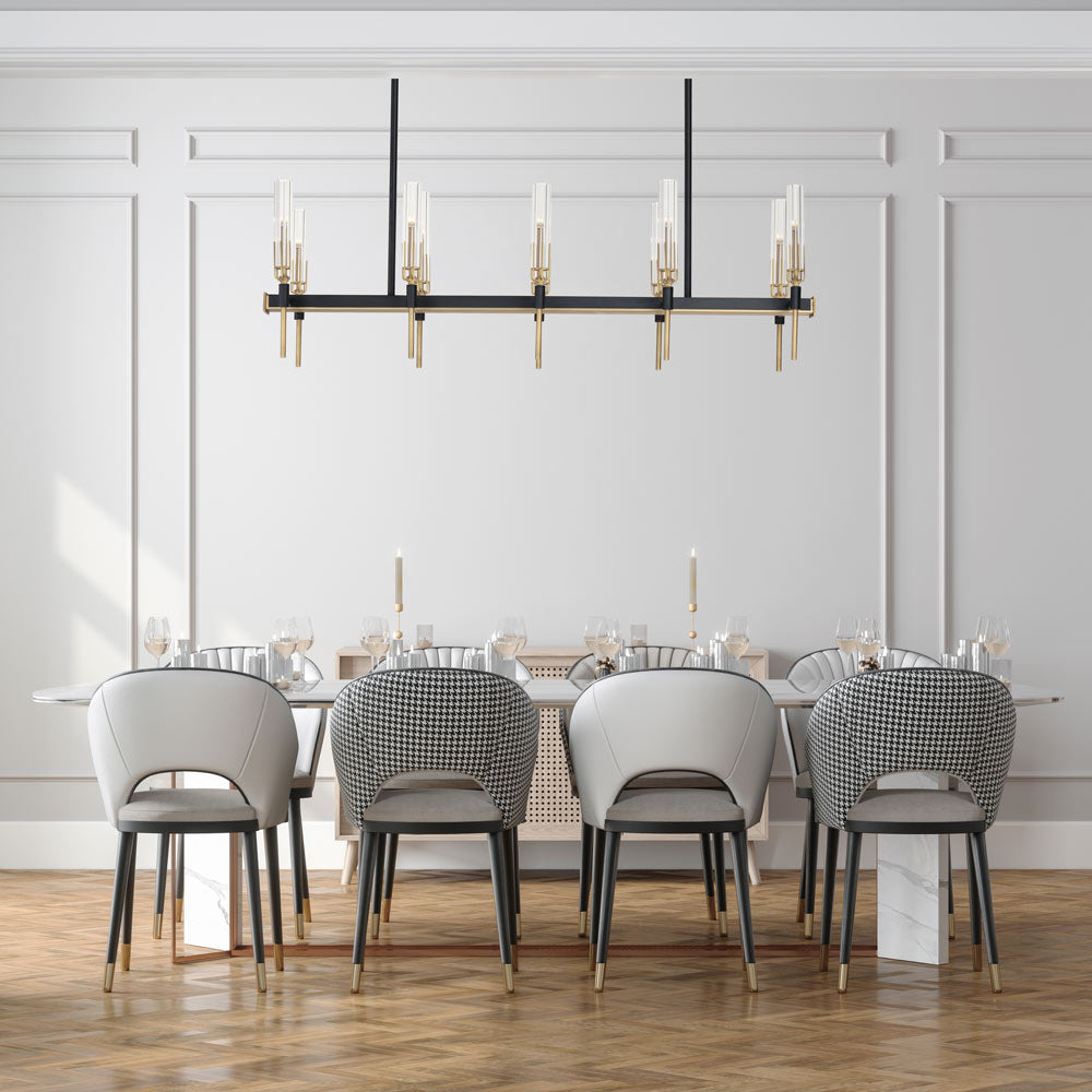 Flambeau Linear Chandelier in dining room.