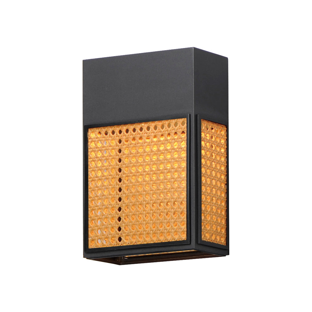 Lattice Outdoor LED Wall Light in Black/Natural Rattan (12-Inch).