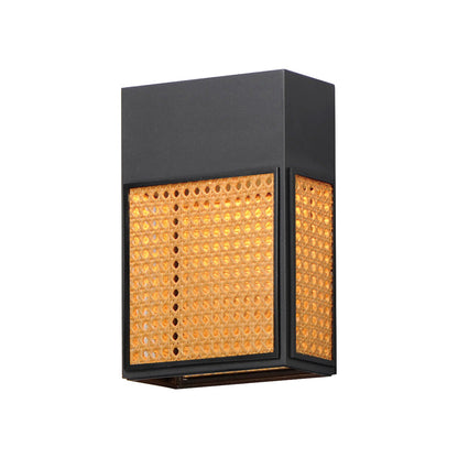 Lattice Outdoor LED Wall Light in Black/Natural Rattan (12-Inch).