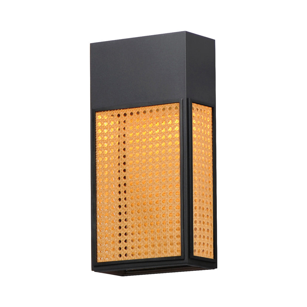 Lattice Outdoor LED Wall Light in Black/Natural Rattan (16-Inch).