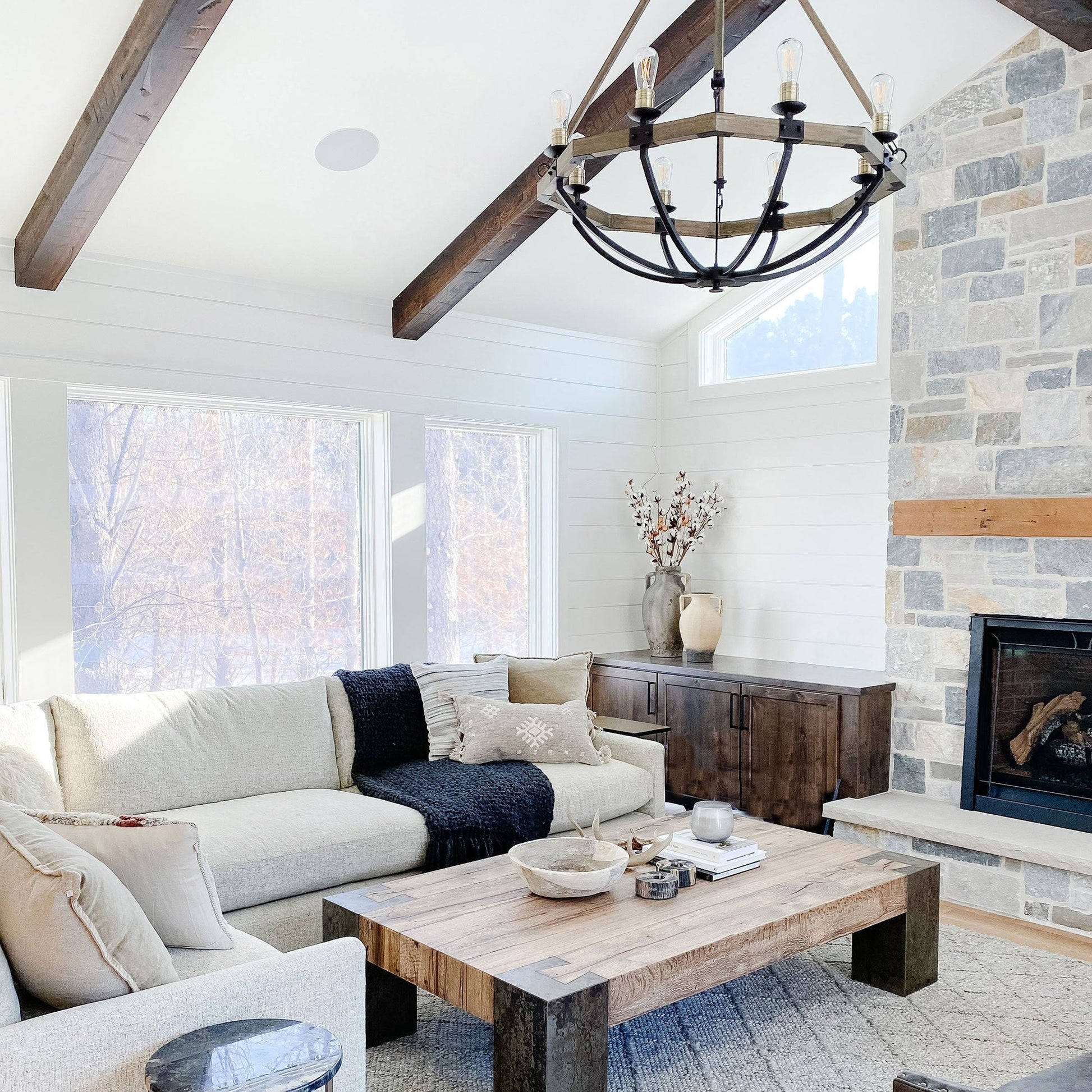Lodge Chandelier in living room.