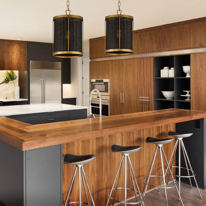 Rattan Cylinder Pendant Light in kitchen.