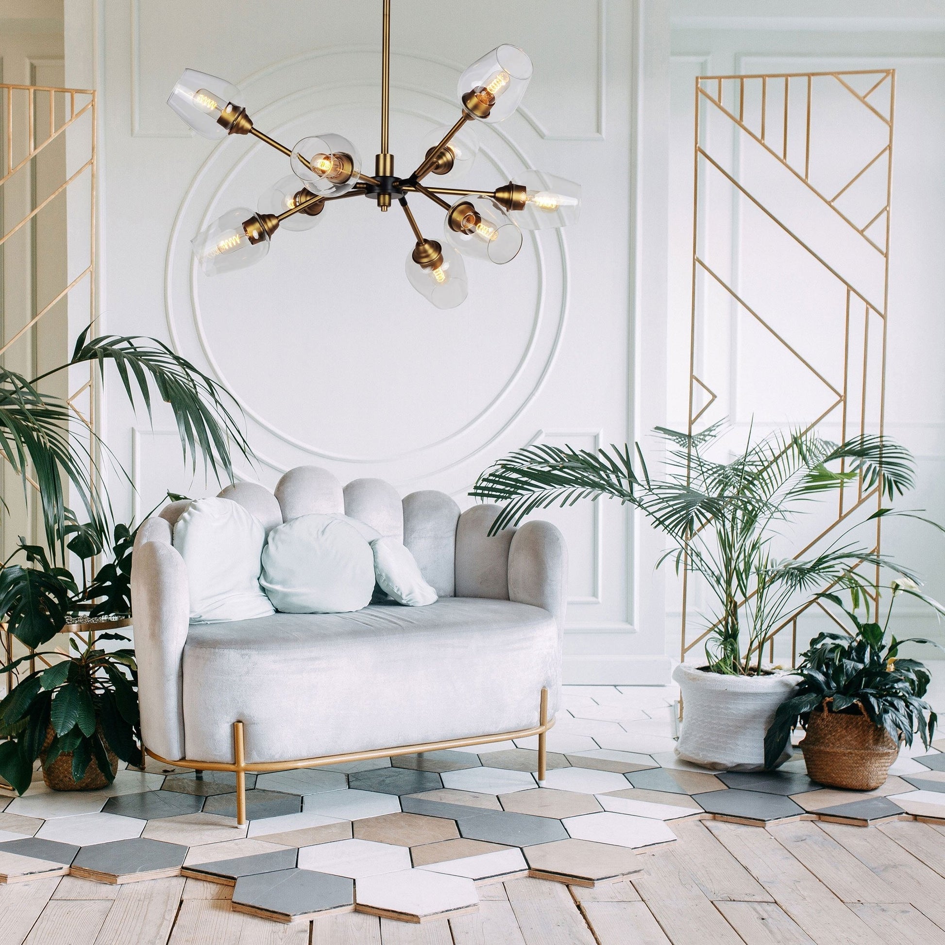Savvy Chandelier in living room.