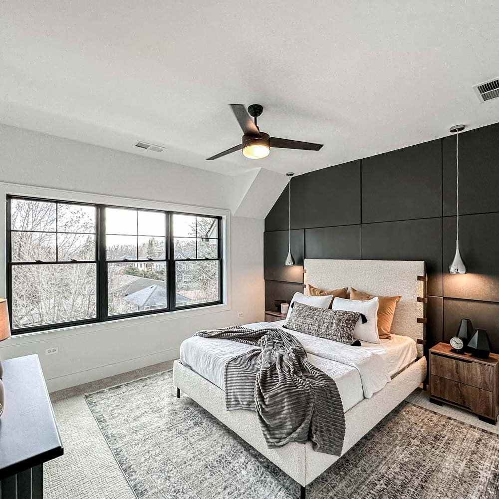 Trio Ceiling Fan in bedroom.