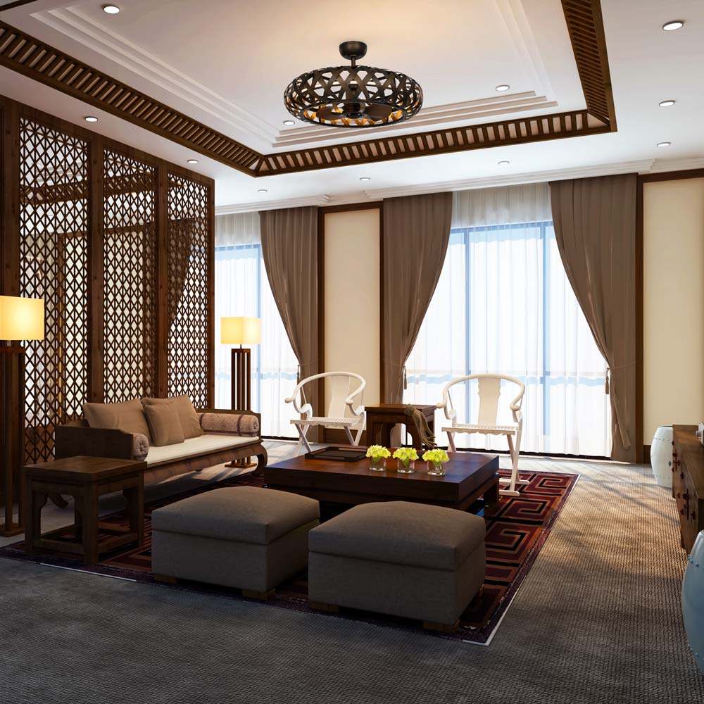 Weave LED Ceiling Fan in living room.