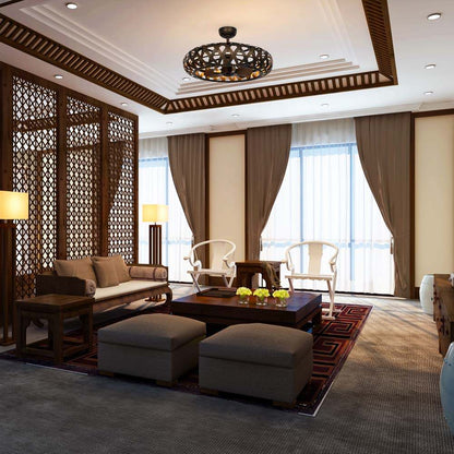 Weave LED Ceiling Fan in living room.