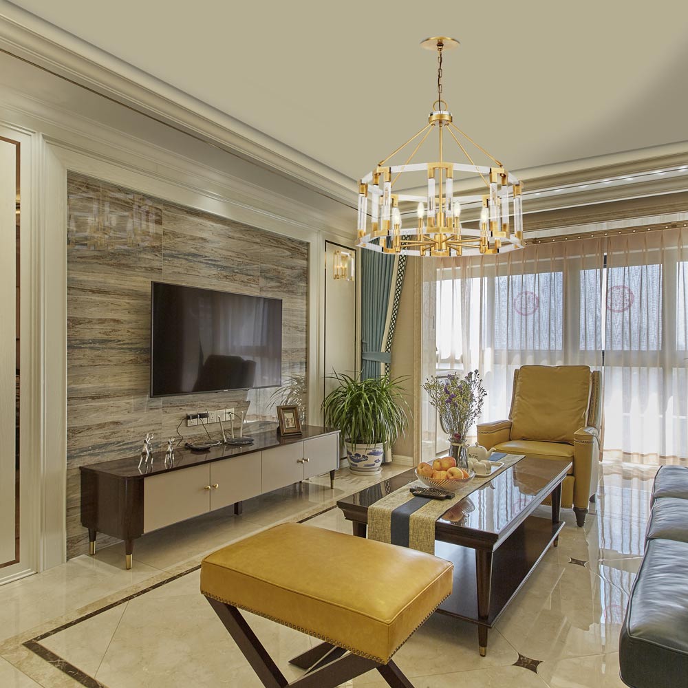 Prima Vista Chandelier in living room.