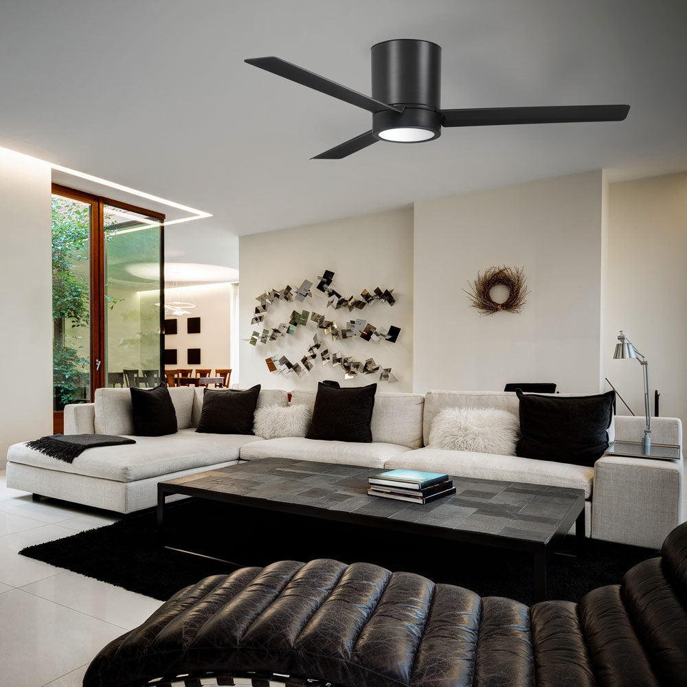 Roto LED Flush Mount Ceiling Fan in living room.