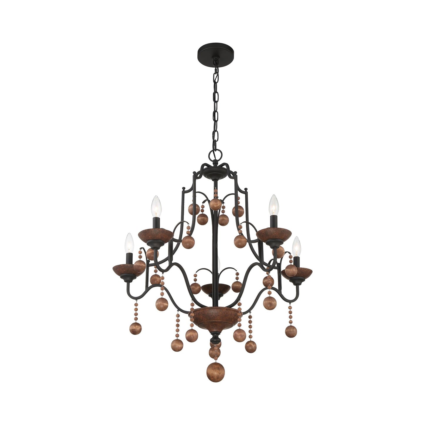 Colonial Charm Chandelier in Old World Bronze with Walnut (5-Light).