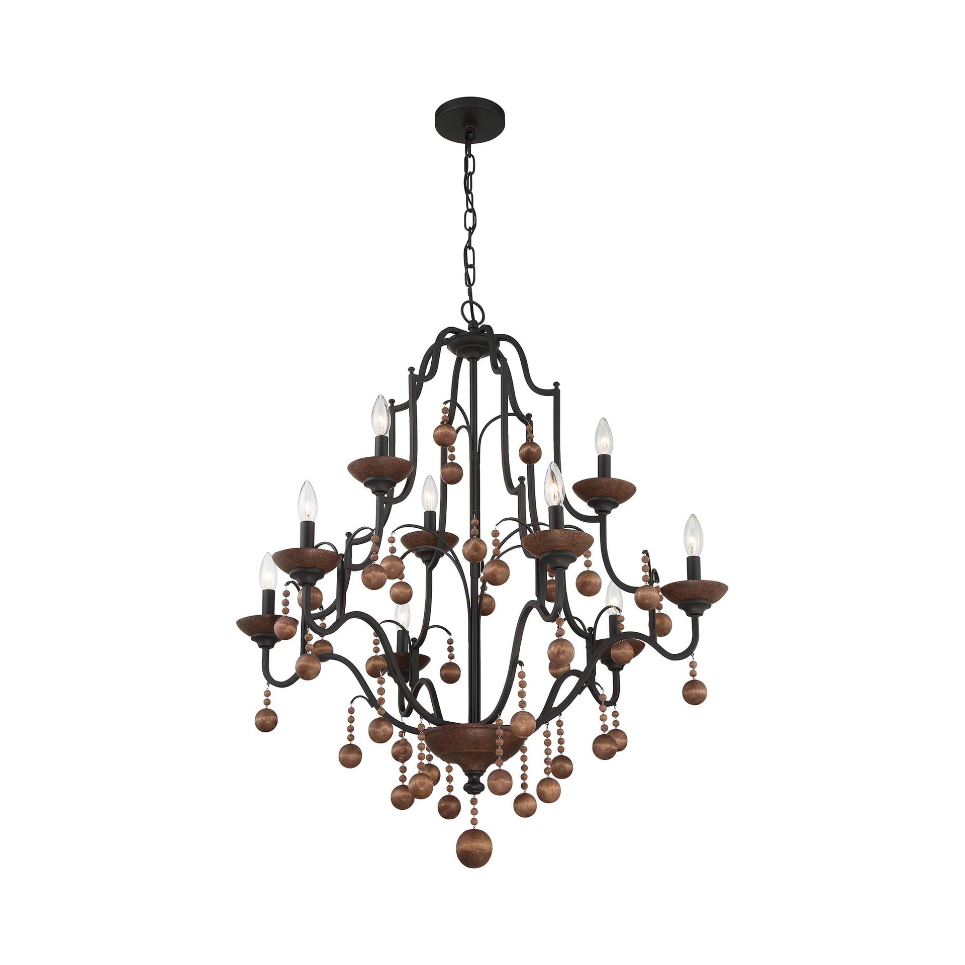 Old World Bronze and Walnut 9-Light Candle Chandelier