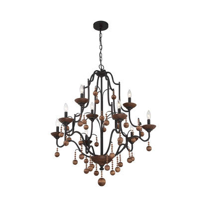Colonial Charm Chandelier in Old World Bronze with Walnut (9-Light).