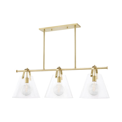 Karin Linear Pendant Light in Aged Brass.