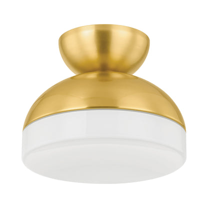 Rue Flush Mount Ceiling Light in Aged Brass.