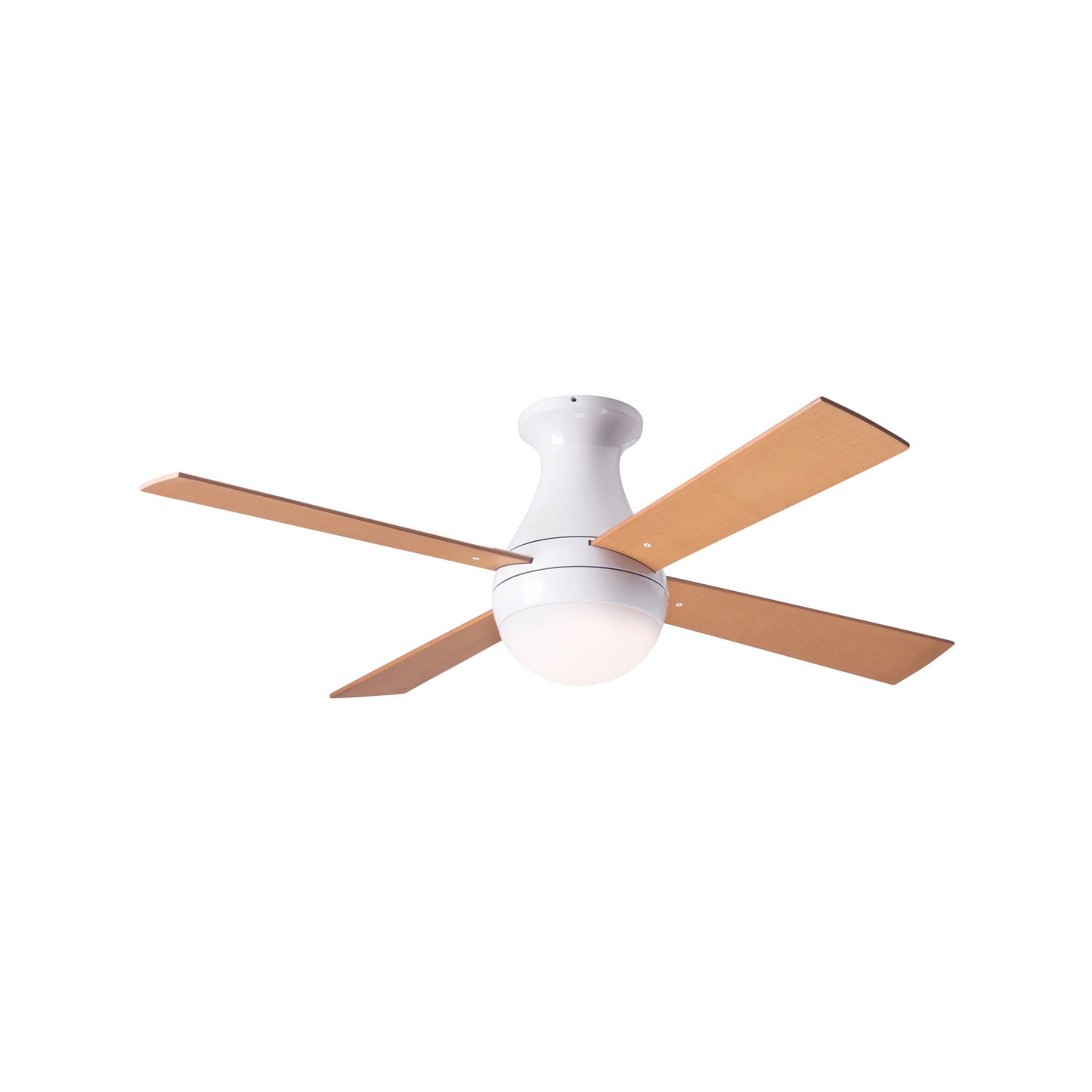 Ball 42-Inch Flush Mount Ceiling Fan in Gloss White/Maple (LED).