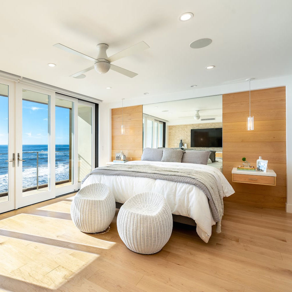 Ball 42-Inch Flush Mount Ceiling Fan in bedroom.