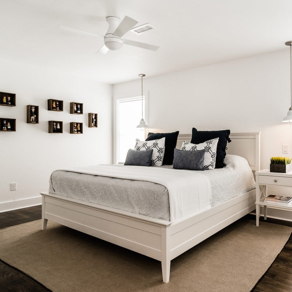 Ball 42-Inch Flush Mount Ceiling Fan in bedroom.