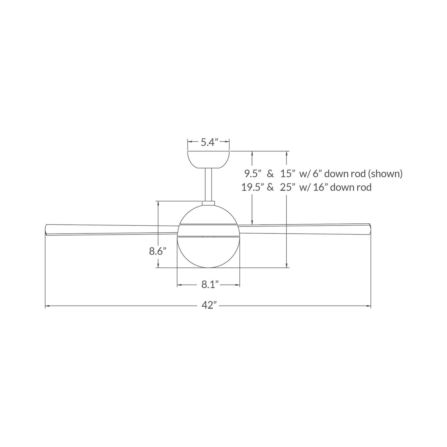 Ball 42-Inch LED Ceiling Fan - line drawing.