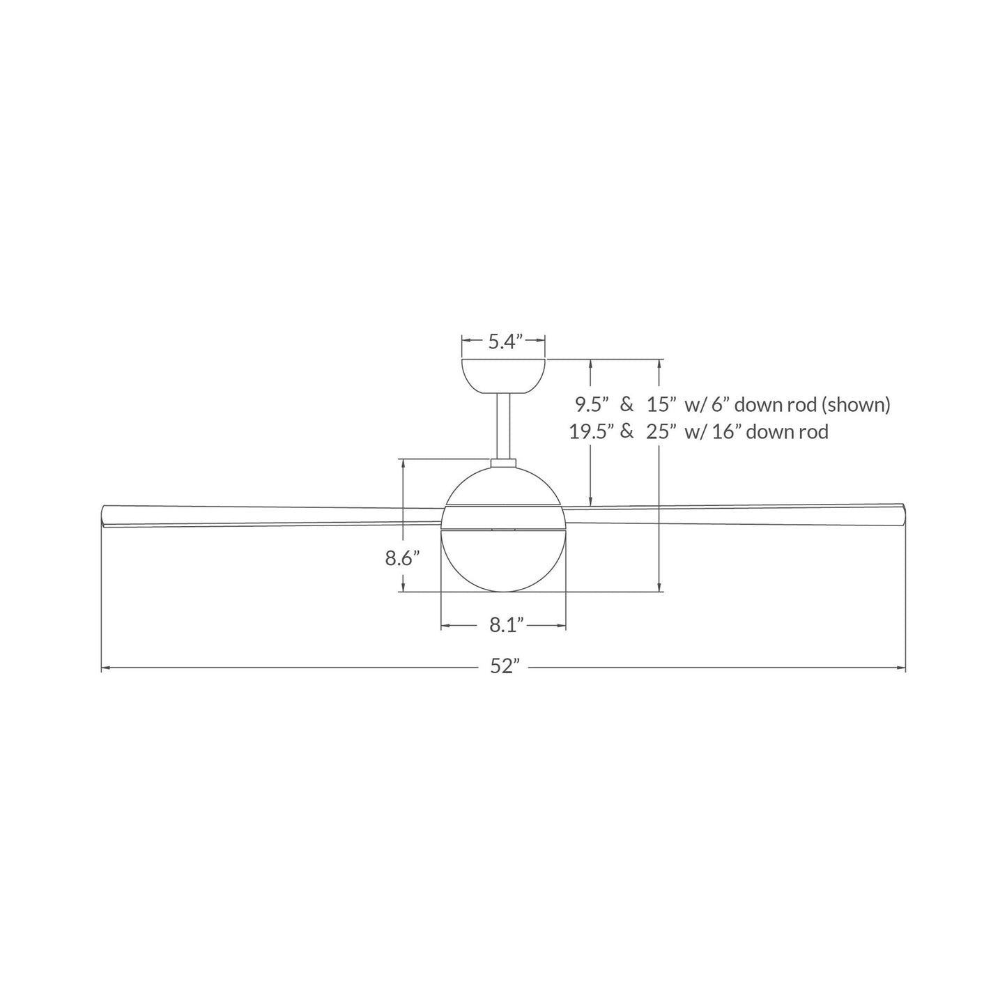 Ball 52-Inch LED Ceiling Fan - line drawing.