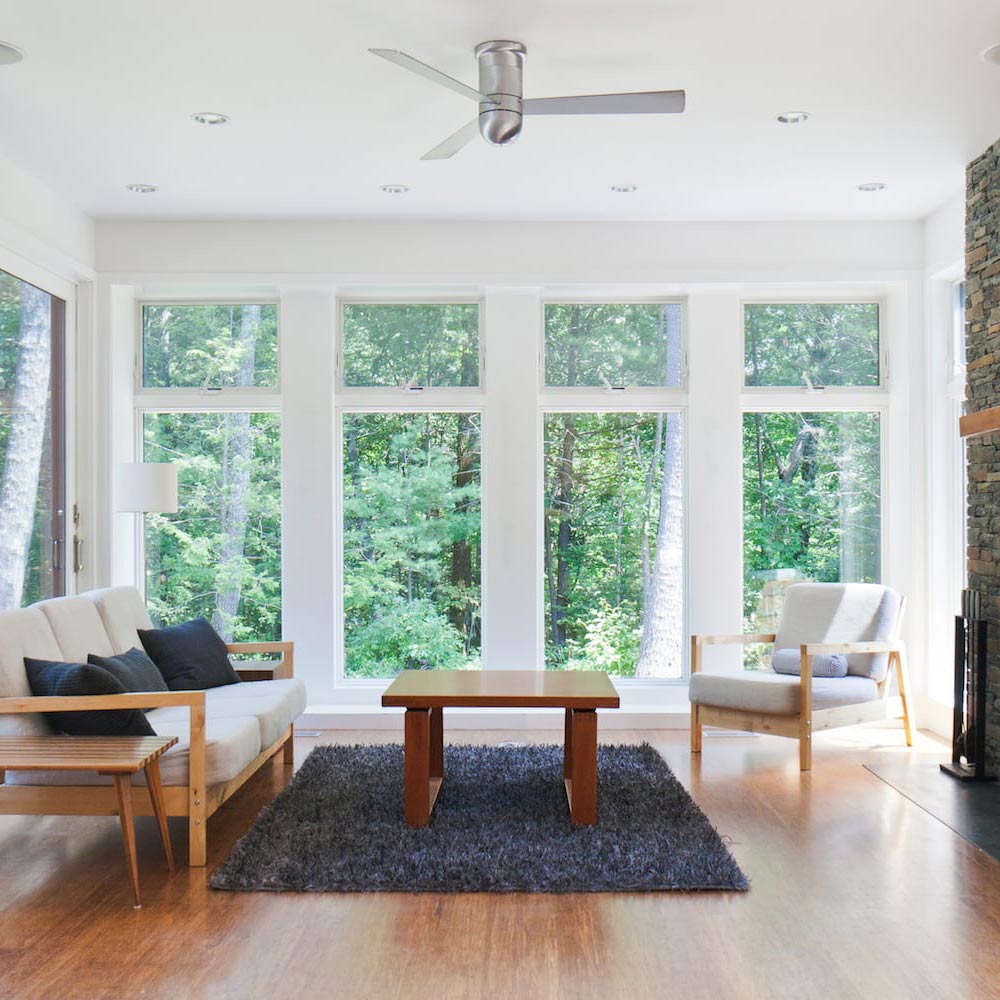 Cirrus DC Flush Mount Ceiling Fan in living room.