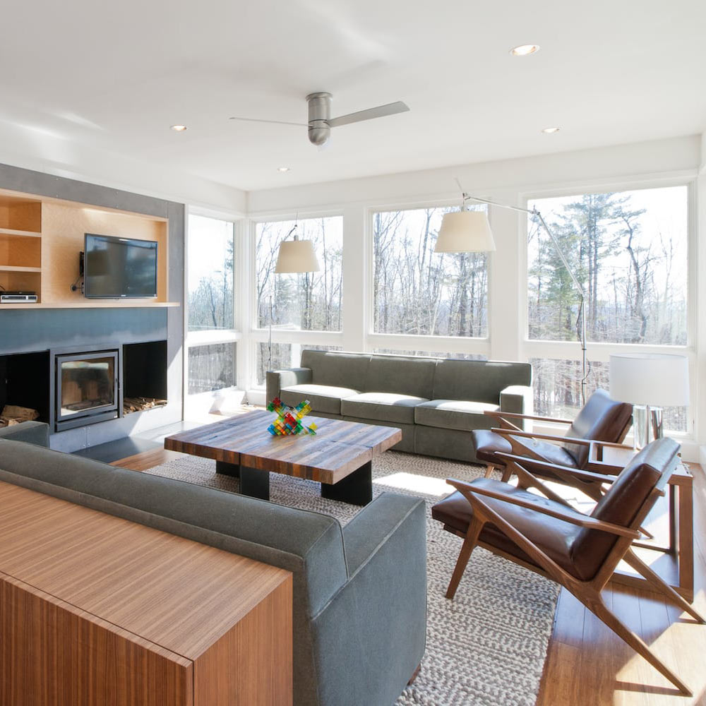 Cirrus DC Flush Mount Ceiling Fan in living room.