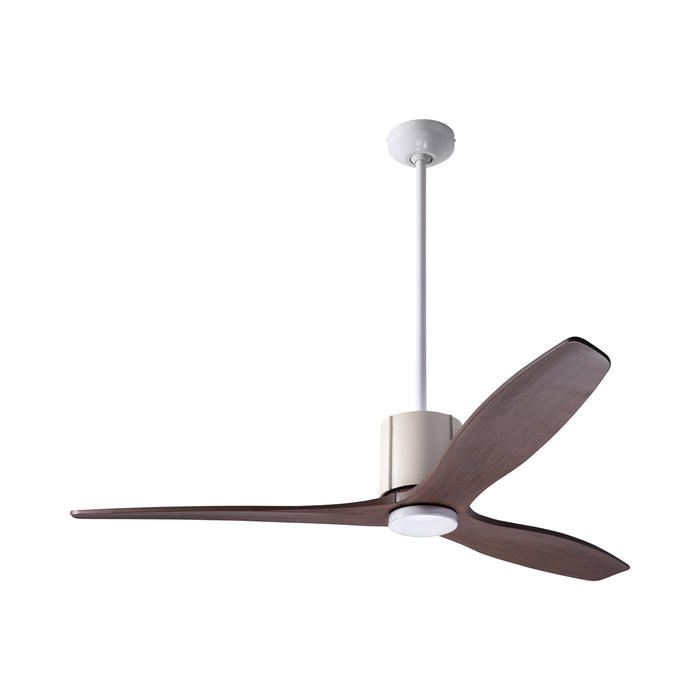 LeatherLuxe DC Ceiling Fan in Gloss White/Ivory Leather/Mahogany.