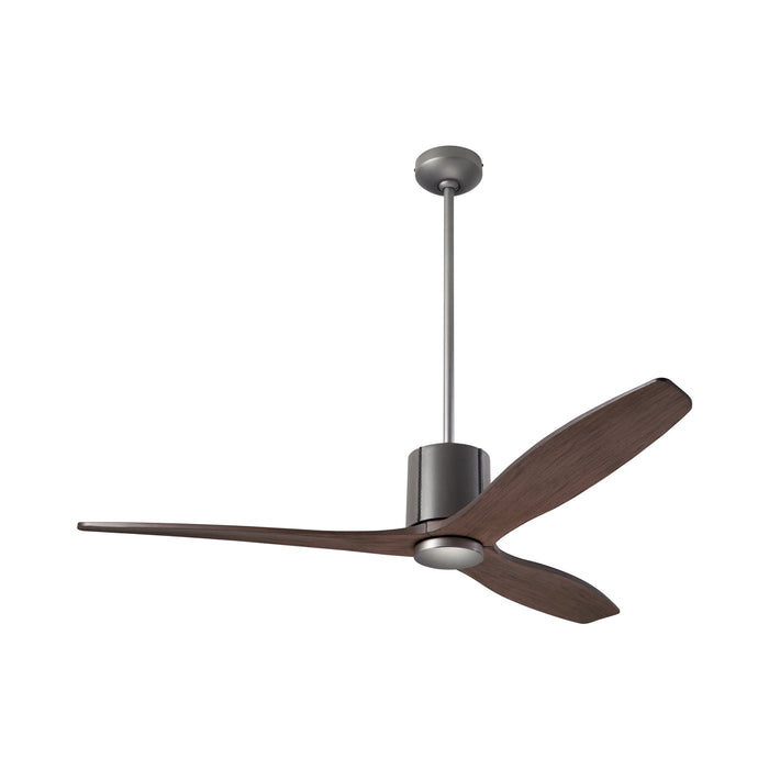 LeatherLuxe DC Ceiling Fan in Graphite/Gray Leather/Mahogany.
