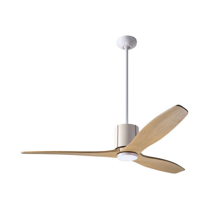 LeatherLuxe DC Ceiling Fan in Gloss White/Ivory Leather/Maple.