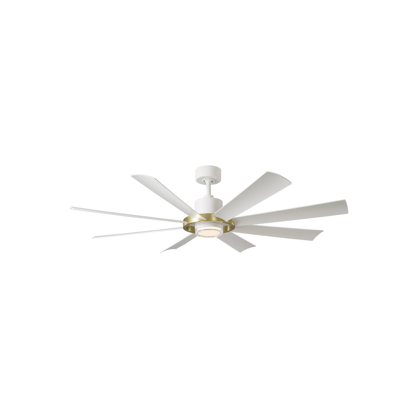 Aura 60-Inch Ceiling Fan in Soft Brass/Matte White.