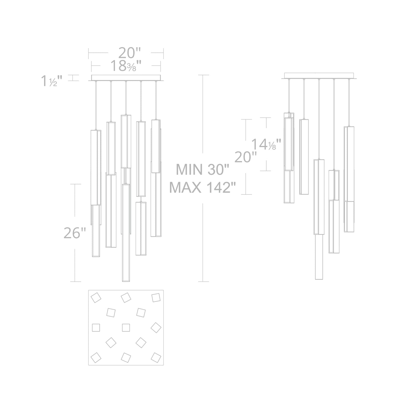 Chaos Square LED Pendant Light - line drawing.