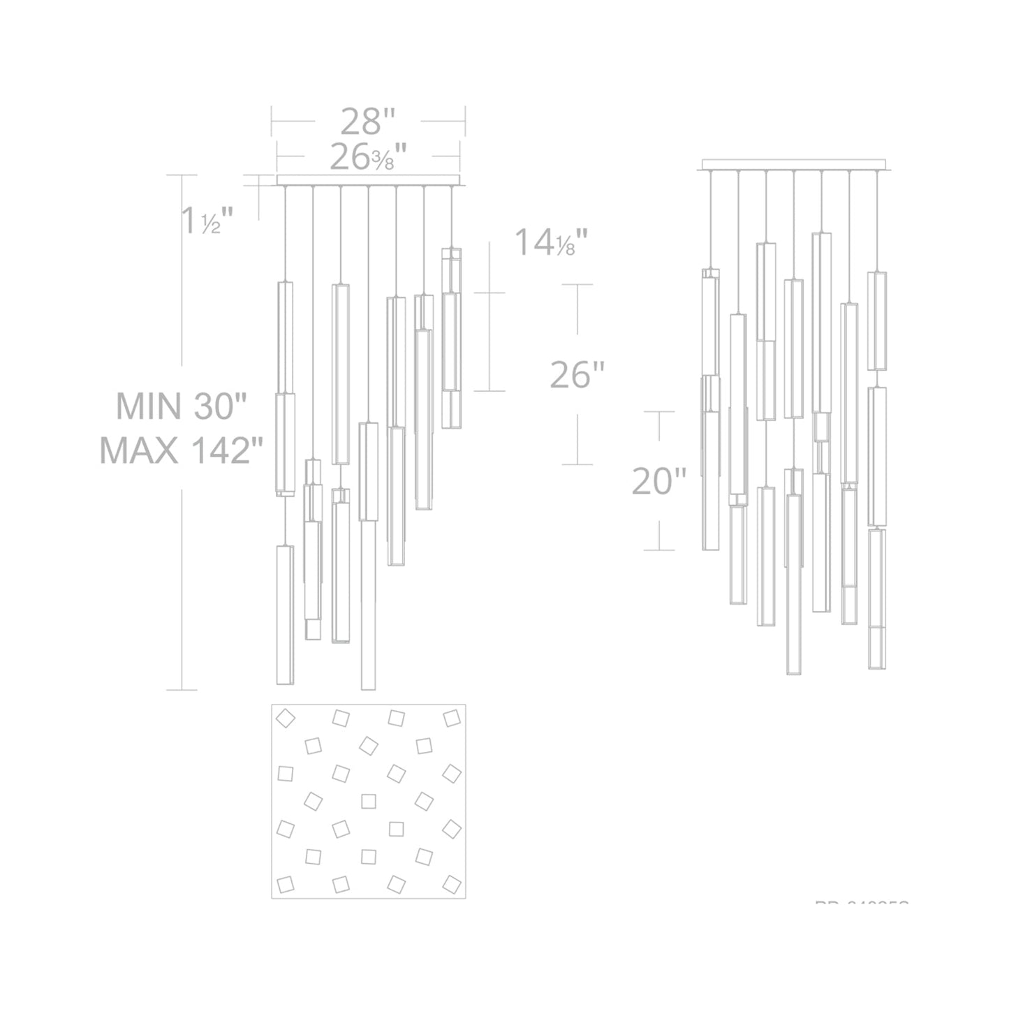 Chaos Square LED Pendant Light - line drawing.