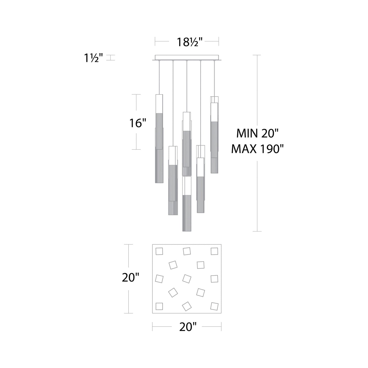 Cinema Square LED Multi Light Pendant Light - line drawing.