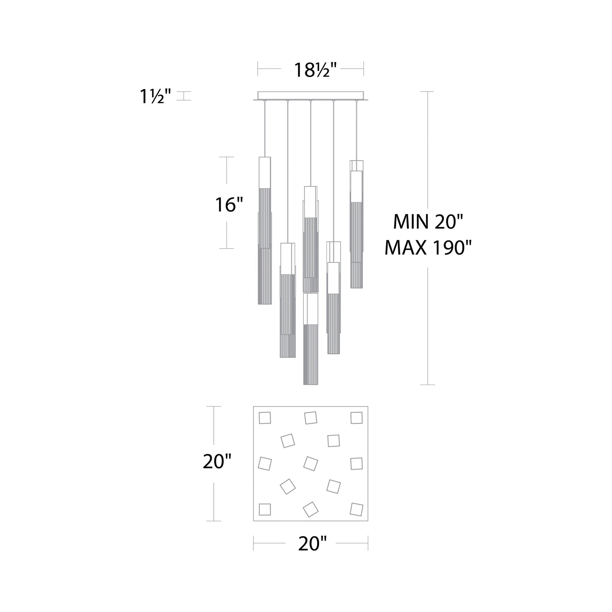 Cinema Square LED Multi Light Pendant Light - line drawing.