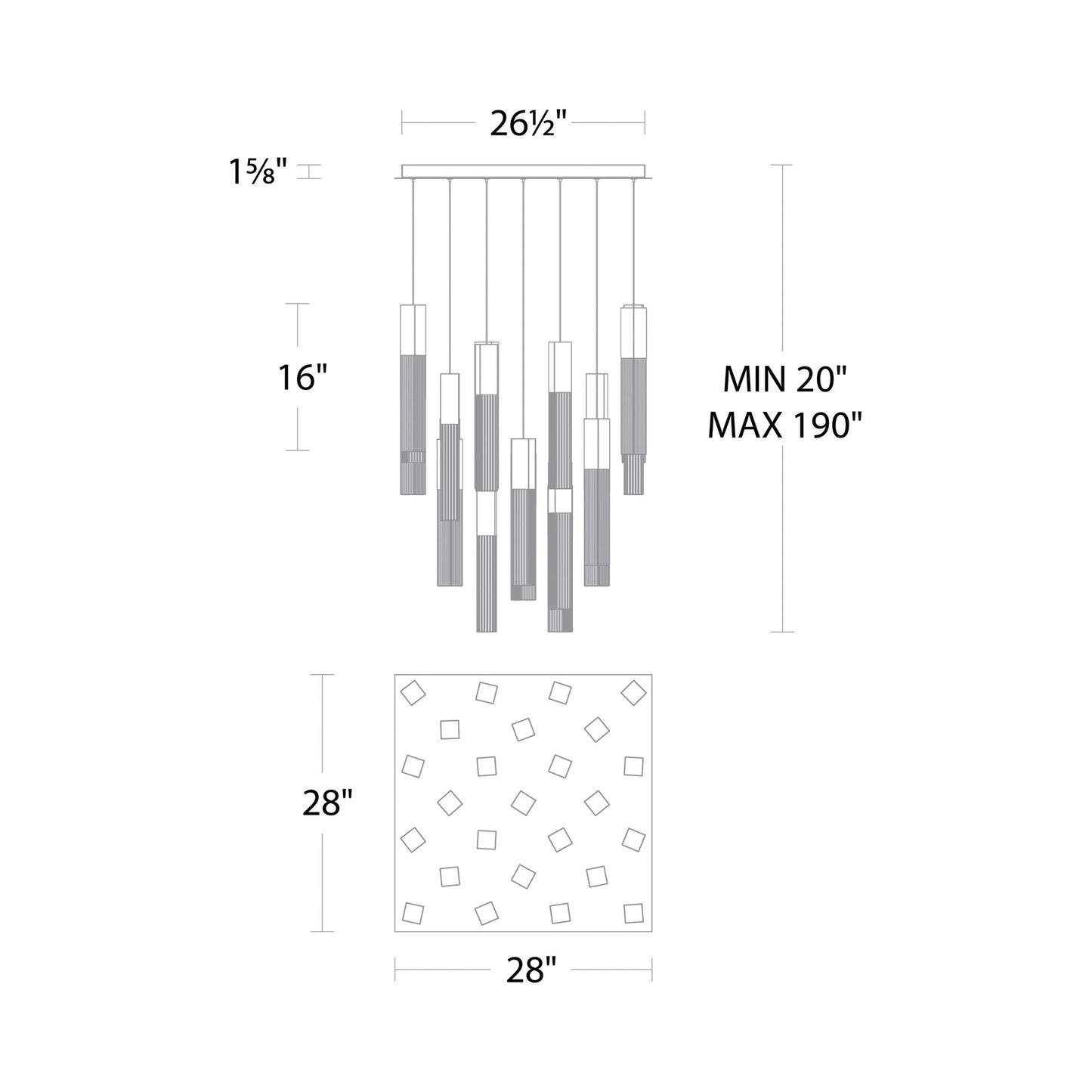 Cinema Square LED Multi Light Pendant Light - line drawing.