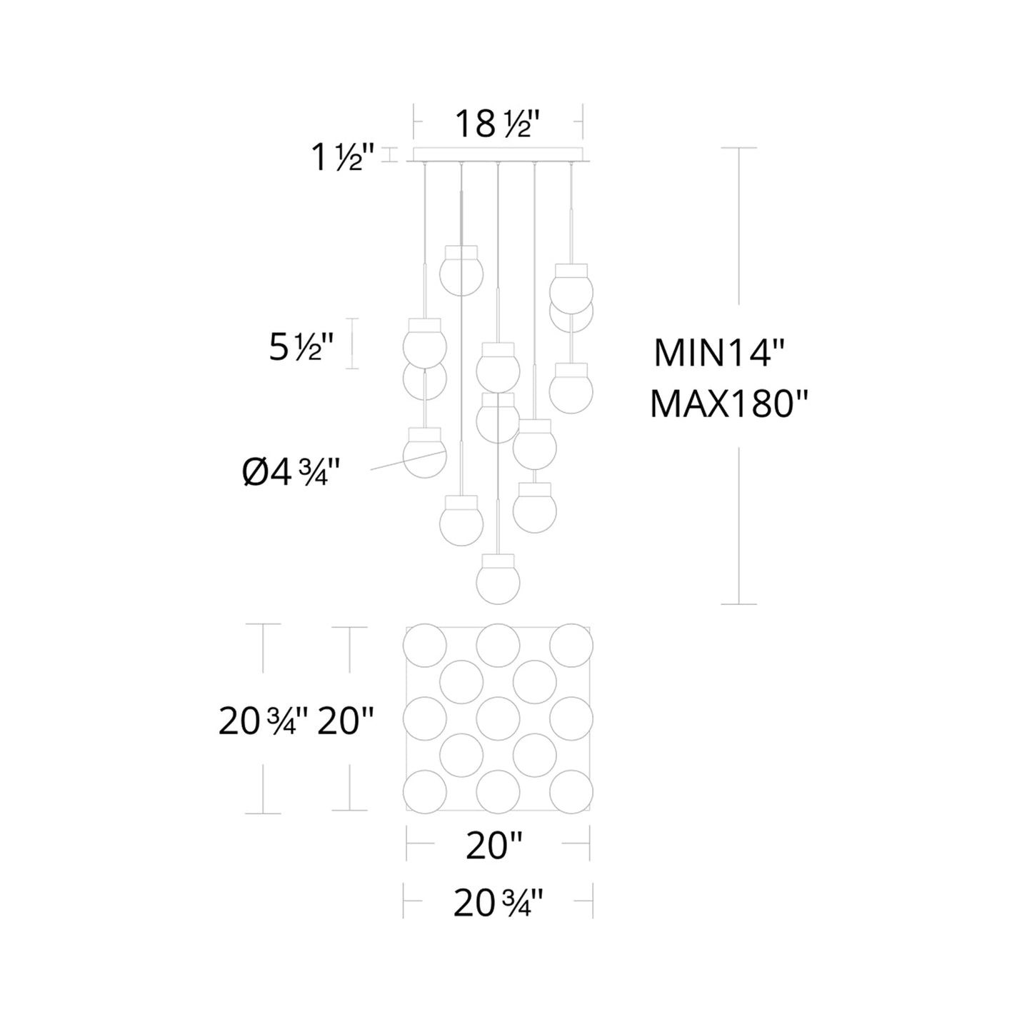 Double Bubble Square LED Multi Pendant Light - line drawing.