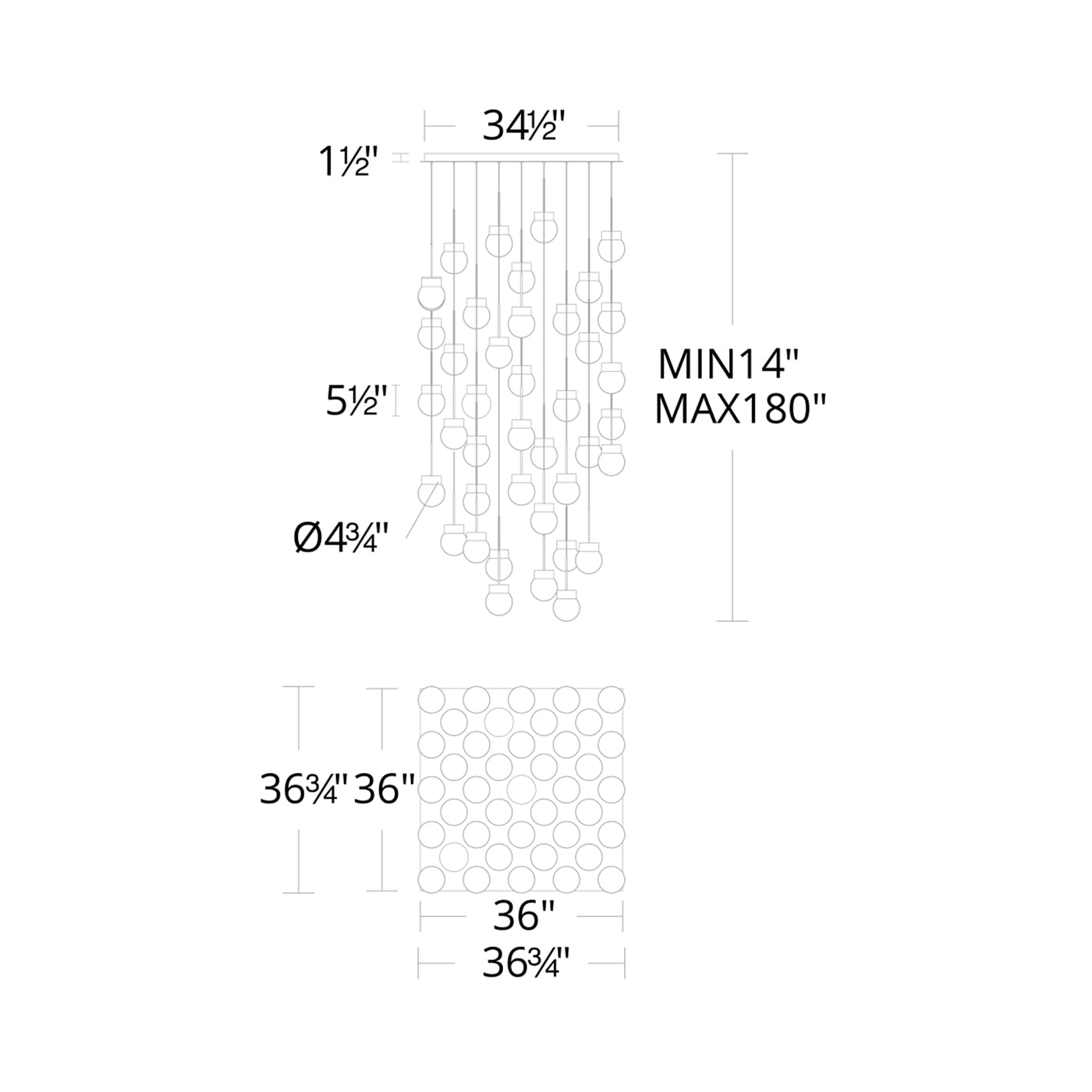 Double Bubble Square LED Multi Pendant Light - line drawing.