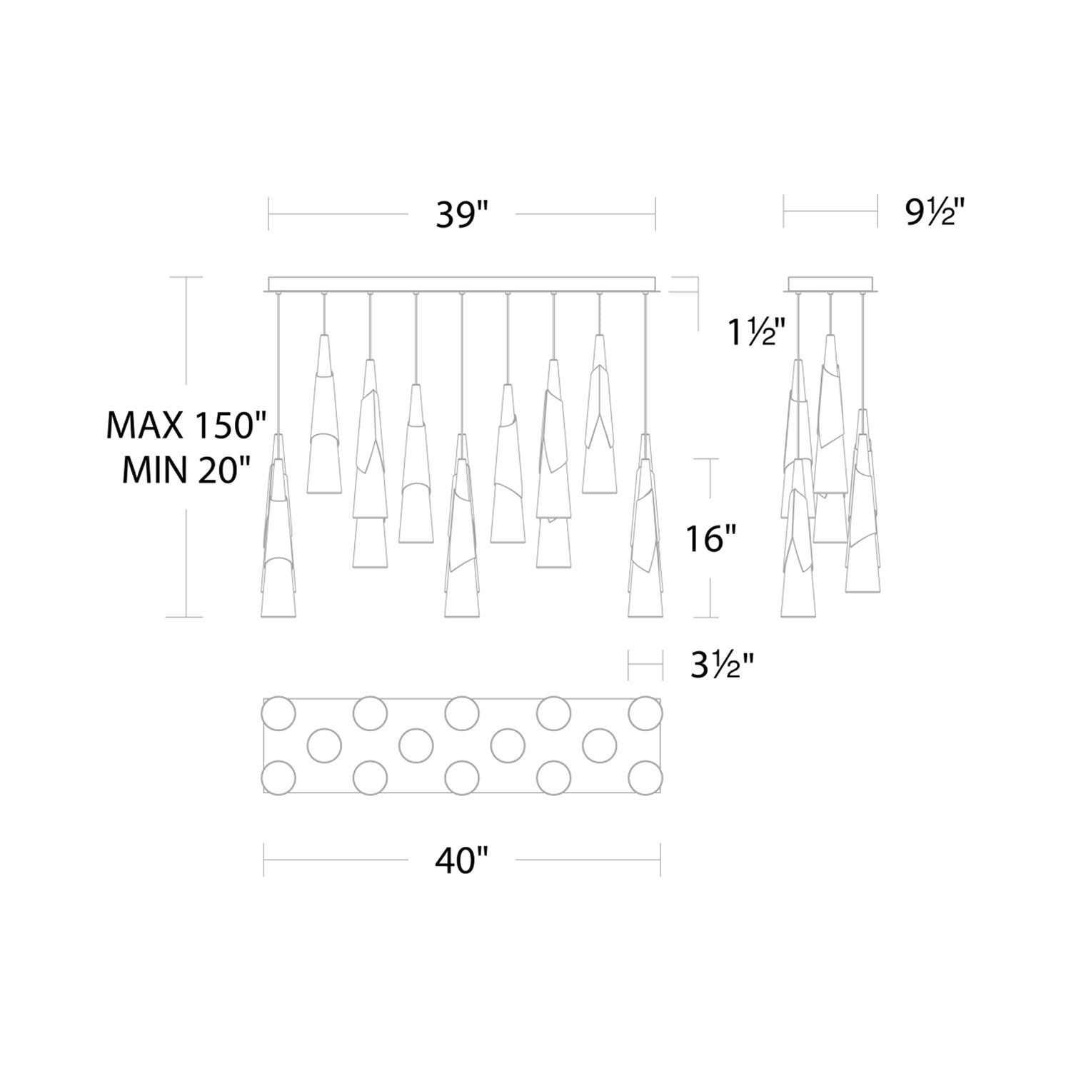 Kilt LED Linear Pendant Light - line drawing.