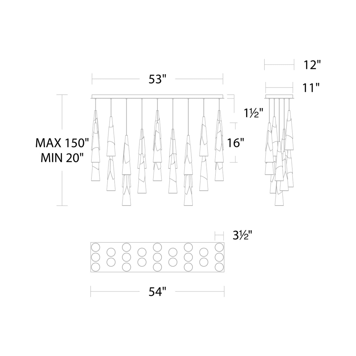 Kilt LED Linear Pendant Light - line drawing.