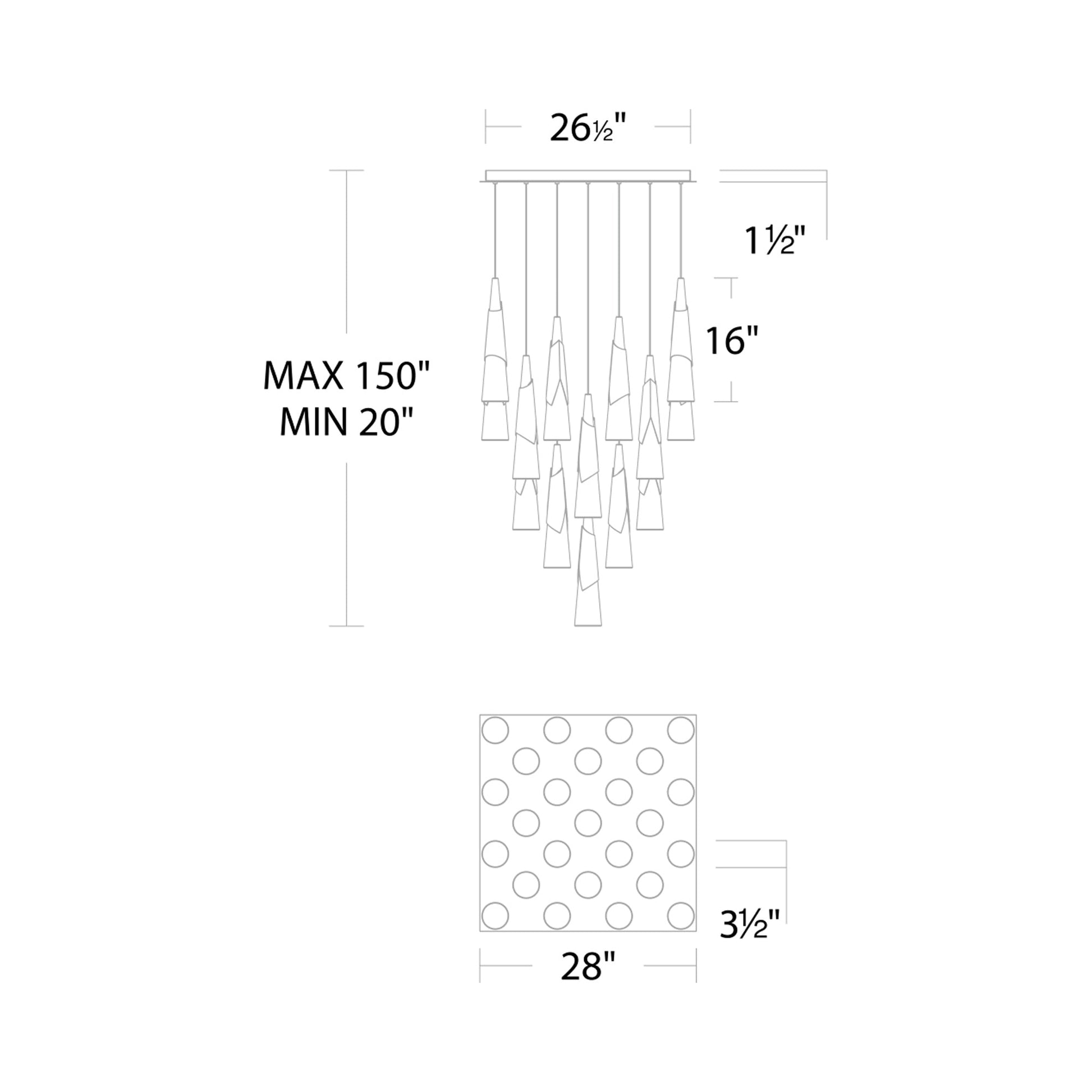 Kilt Square LED Pendant Light - line drawing.