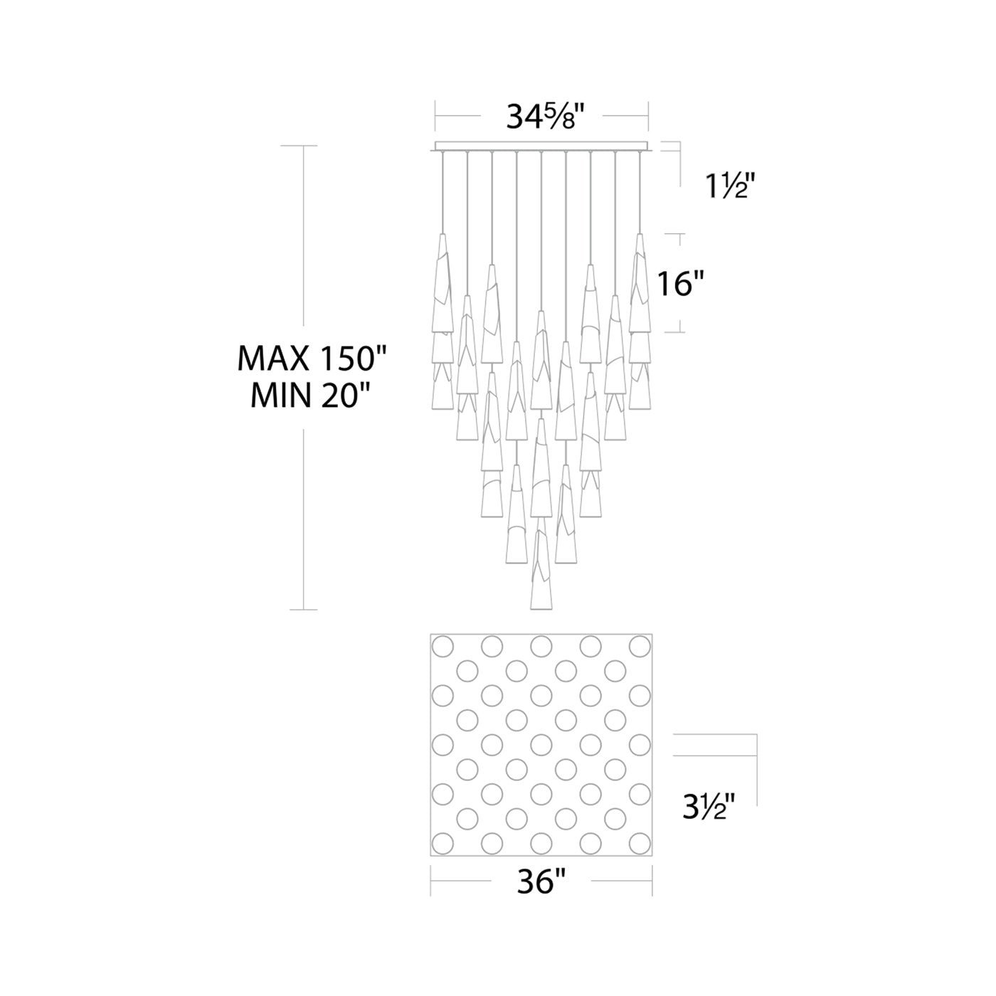 Kilt Square LED Pendant Light - line drawing.