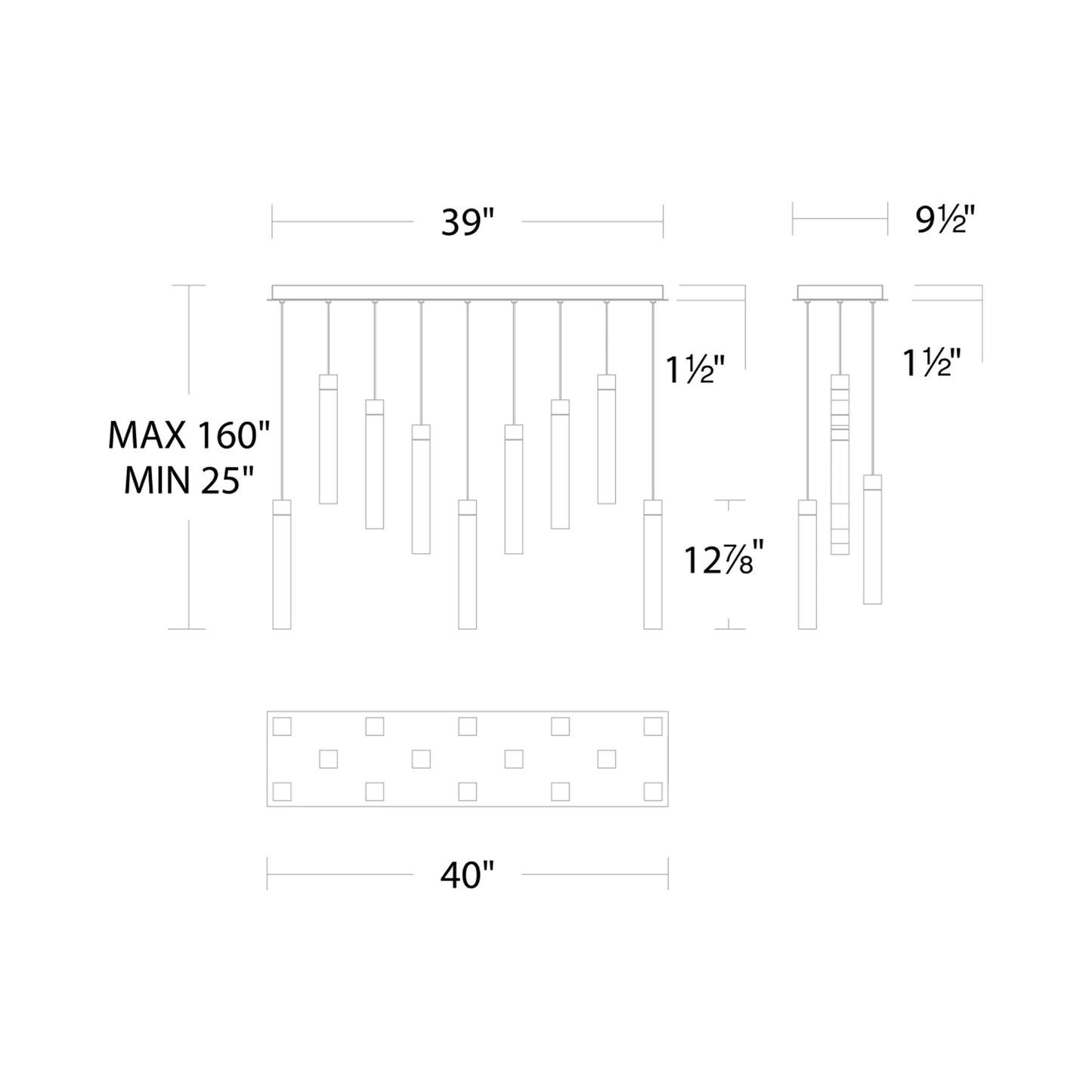 Minx LED Linear Multi Pendant Light - line drawing.