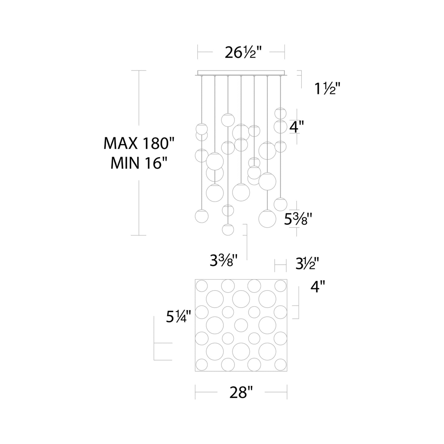 Pisces Square LED Pendant Light - line drawing.