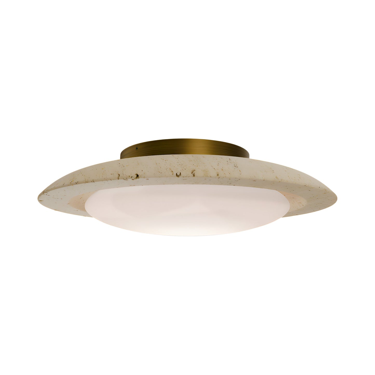 Saturno LED Flush Mount Ceiling Light in Beige Travertine/Aged Brass.