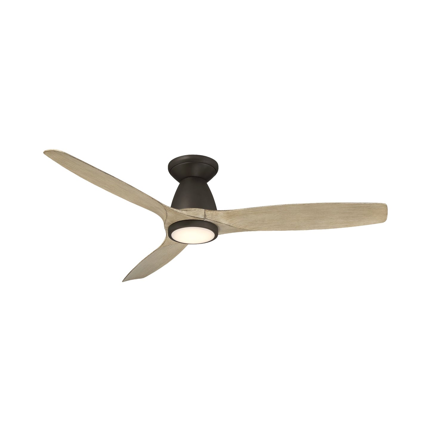 Skylark Outdoor LED Flush Mount Ceiling Fan in Bronze/White Oak.