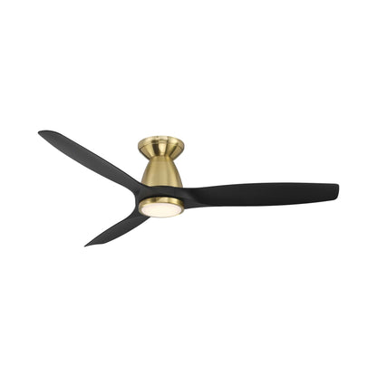 Skylark Outdoor LED Flush Mount Ceiling Fan in Soft Brass/Matte Black.