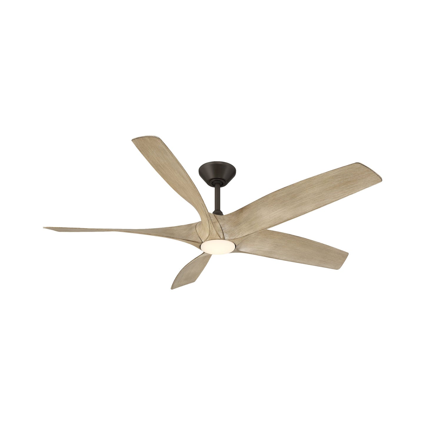 Zephyr Outdoor LED Downrod Ceiling Fan in Bronze/White Oak.